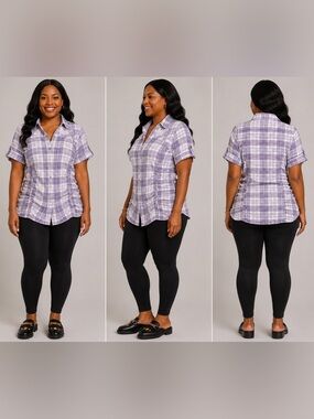 AKADEMIKS PLAID RUCHED SHORT SLEEVE BLOUSE SIZE MEDIUM (NEW WITH TAGS) A19